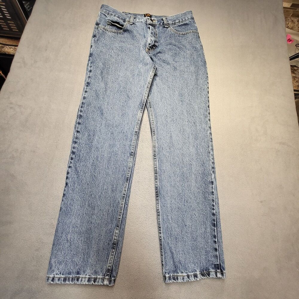 Lee Jeans Mens 33x32 Blue Straight Leg Regular Fit Distressed Denim